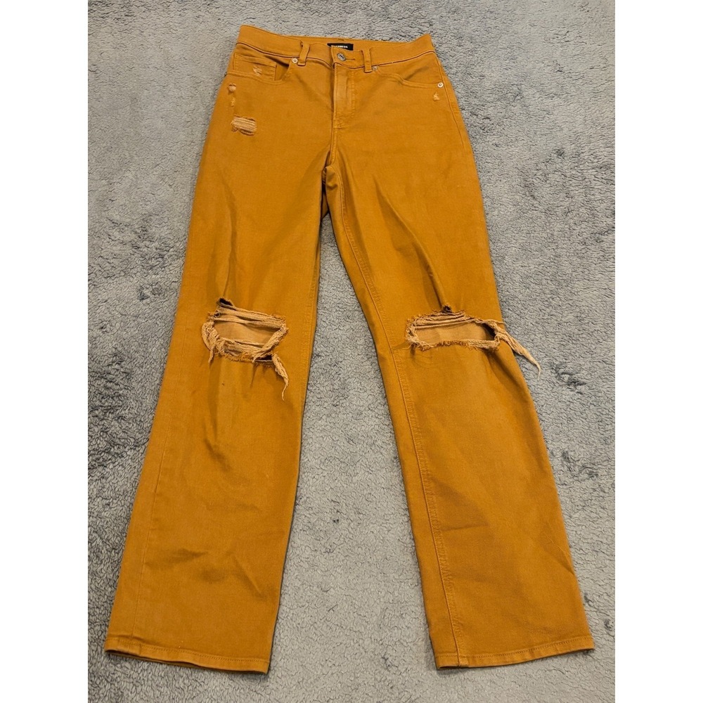 Express Jeans Womens 0R Super High Rise Mustard Yellow Ripped Modern Straight